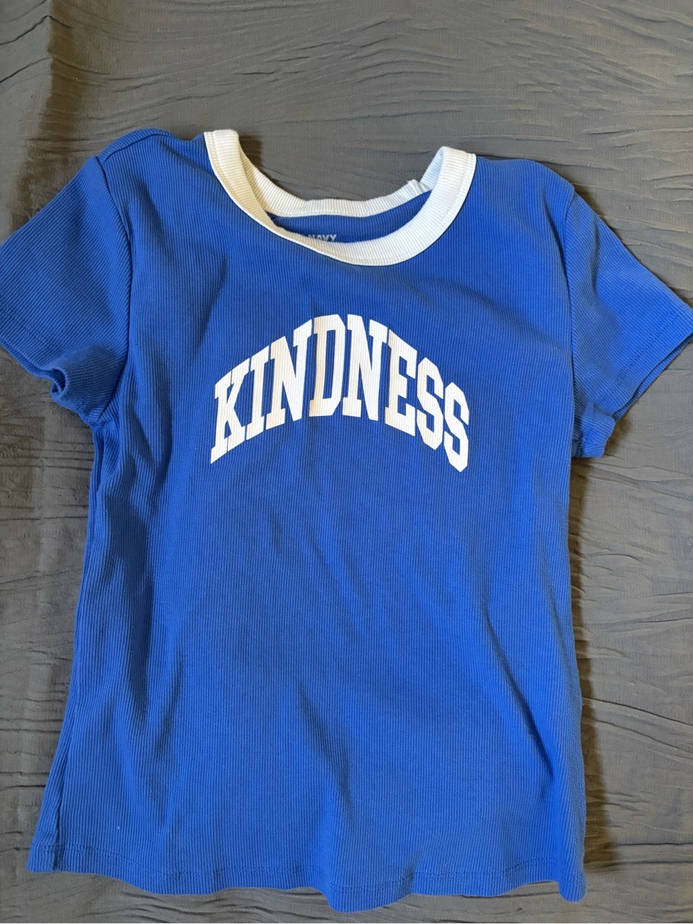 Old Navy Blue Tee with White Contrast Collar and "KINDNESS" Print